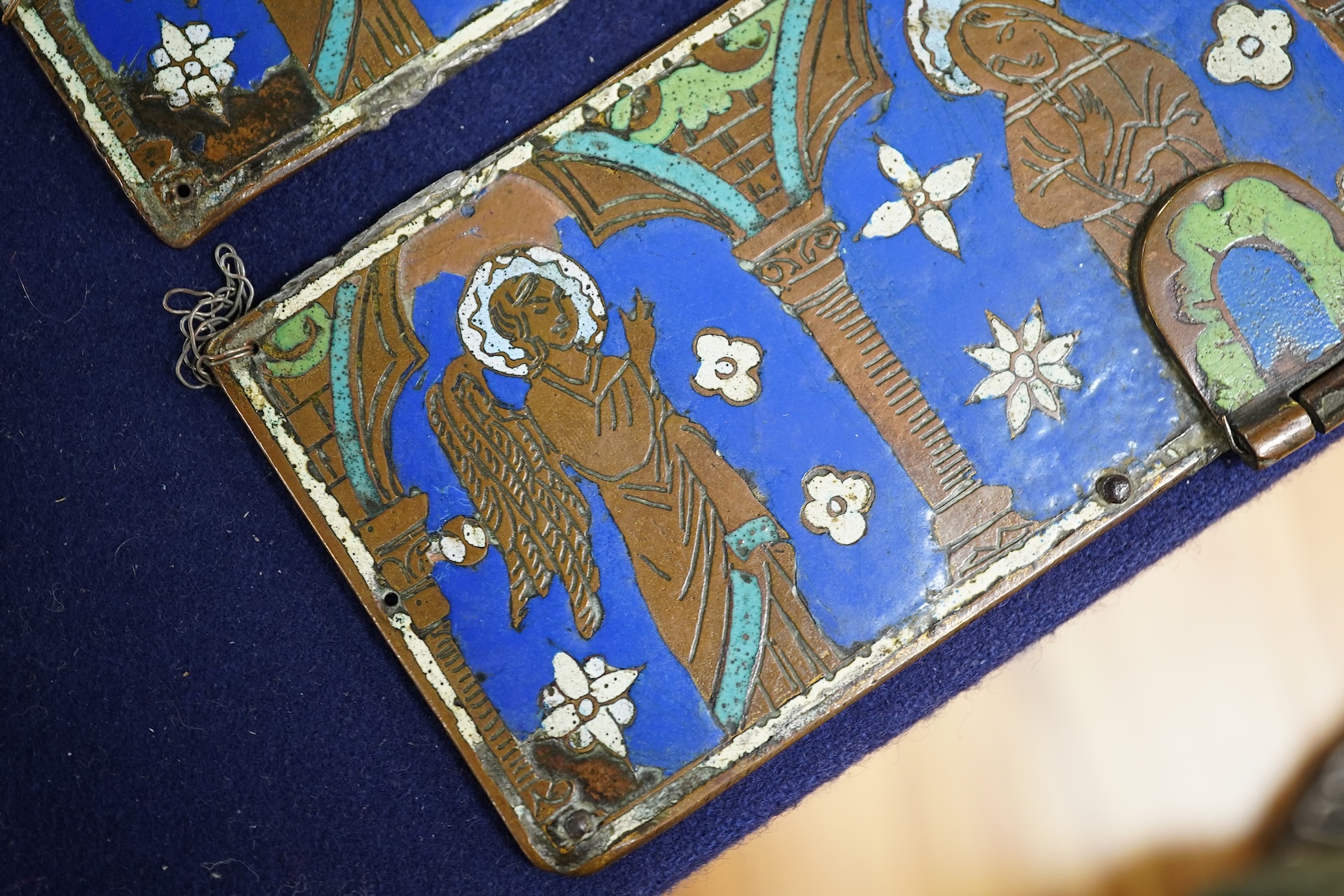 Two Limoges enamel and brass panels in medieval style, related Philips auction catalogue, 7.5 x 22cm